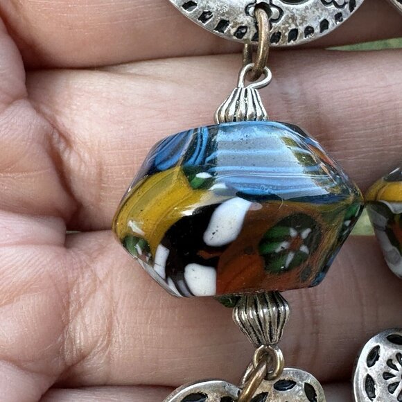 VTG Dangle Drop Earrings‎ Heart Medallion Glass Beads Multicolor Floral 2.5" - Picture 2 of 7